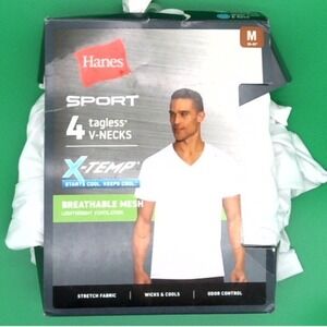 Hanes Sport X-Temp Mens 4 Pack Tagless V-Neck Mesh Undershirts White M